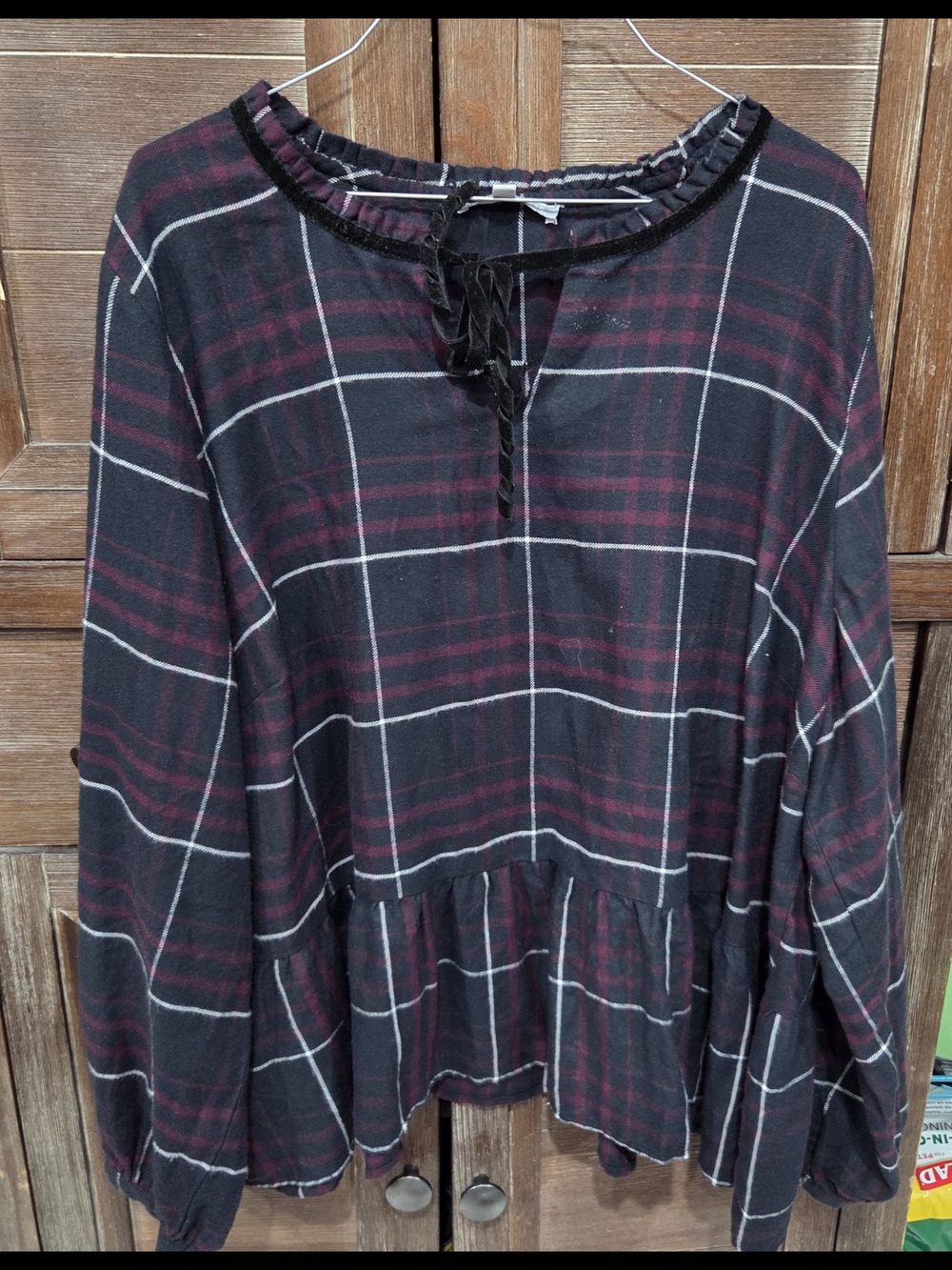 Plaid Peplum Long-Sleeve Top - Black & Burgundy 3X